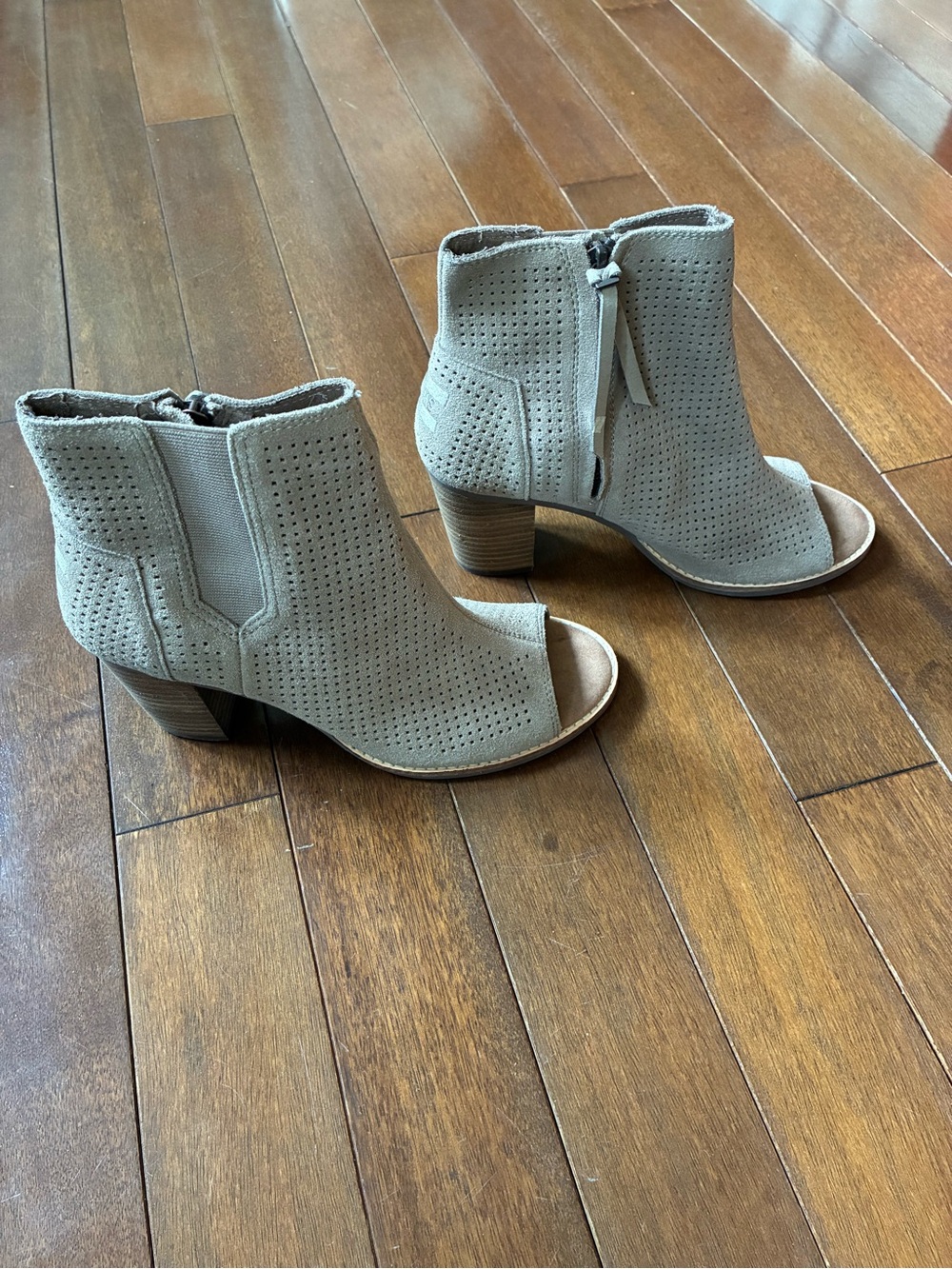 Toms Taupe Perforated Suede Open-Toe Ankle Booties